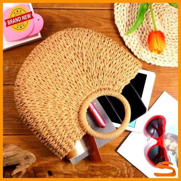 Handmade Straw Tote Bag Rattan Woven Handbag Travel Beach Bag - Picture 3 of 7